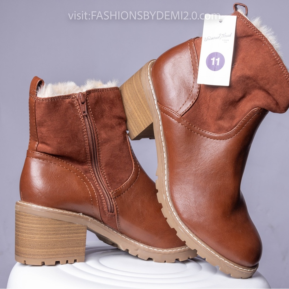Universal Thread Womens Marla Block Heel Cognac Brown Faux Fur  Boots